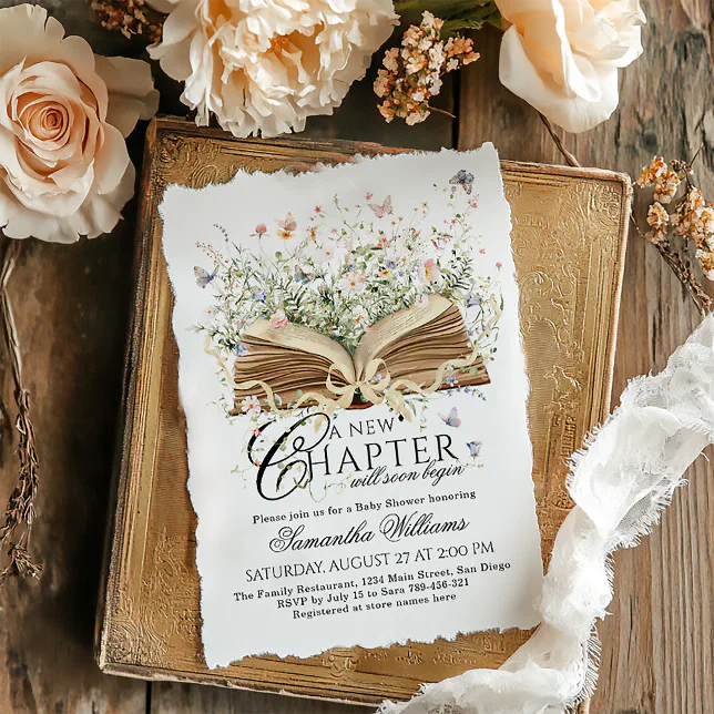 A New Chapter Begin Book Wildflower Baby Shower Invitation | Zazzle