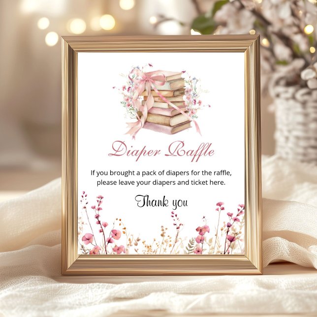 A New Chapter Begin Books Diaper Raffle Sign (A new chapter begin Pink coquette diaper raffle baby shower sign)