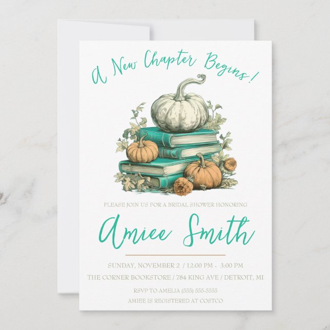 A New Chapter Begins! Autumn Pumpkin Bridal Shower Invitation (Front)