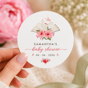 A new chapter begins baby shower classic round sticker