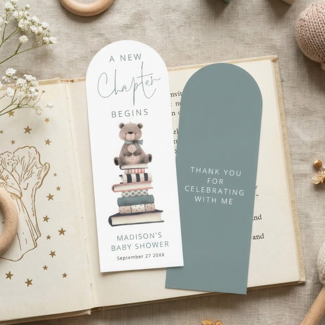 A New Chapter Begins Baby Shower Favor Bookmarks (front and back view)