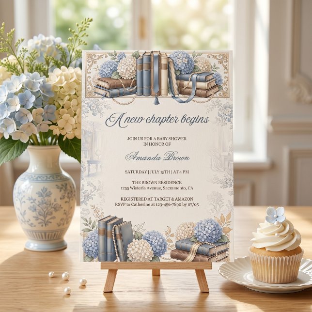 A New Chapter Begins Blue Baby Boy Shower Invitation (Vintage Library Blue Hydrangea Baby Boy Shower A New Chapter Begins)