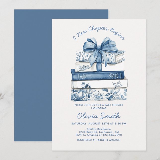 A New Chapter Begins Blue Bow Books Baby Shower  Invitation (Front/Back)