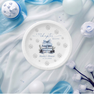 A New Chapter Begins, Blue Bow Winter Baby Shower Paper Plates
