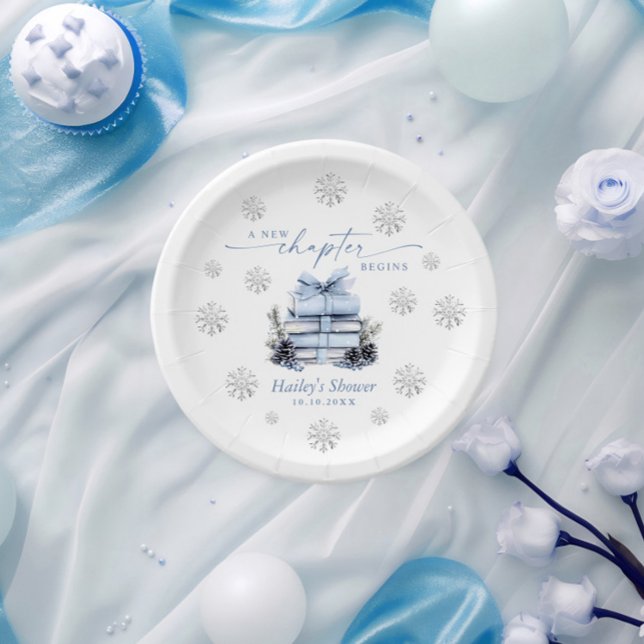 A New Chapter Begins, Blue Bow Winter Baby Shower Paper Plates (Creator Uploaded)