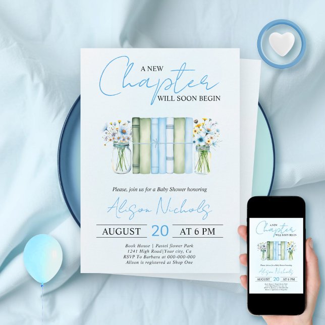 A New Chapter  Begins book boy blue baby shower Invitation (Creator Uploaded)