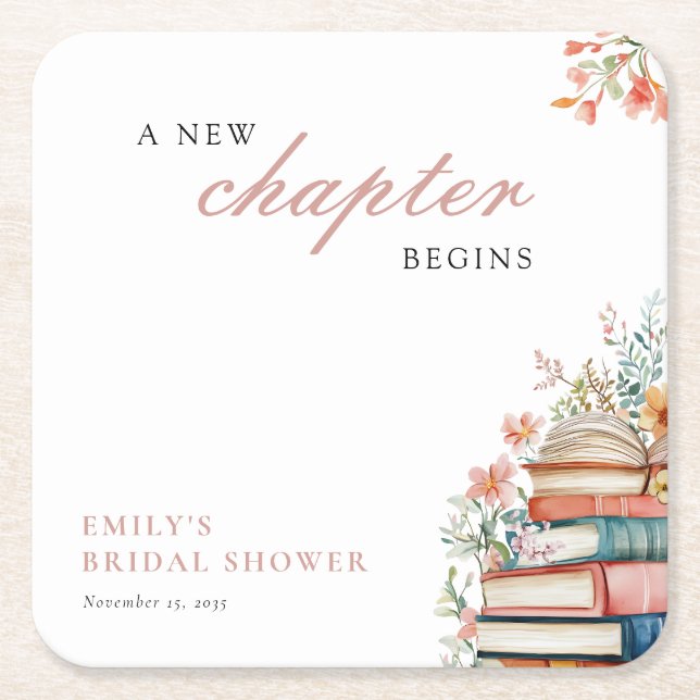 A New Chapter Begins Books Bridal Shower Square Paper Coaster (Front)