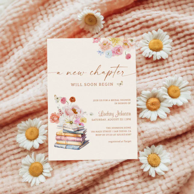 A New Chapter Begins Bridal Shower Floral Books Invitation | Zazzle