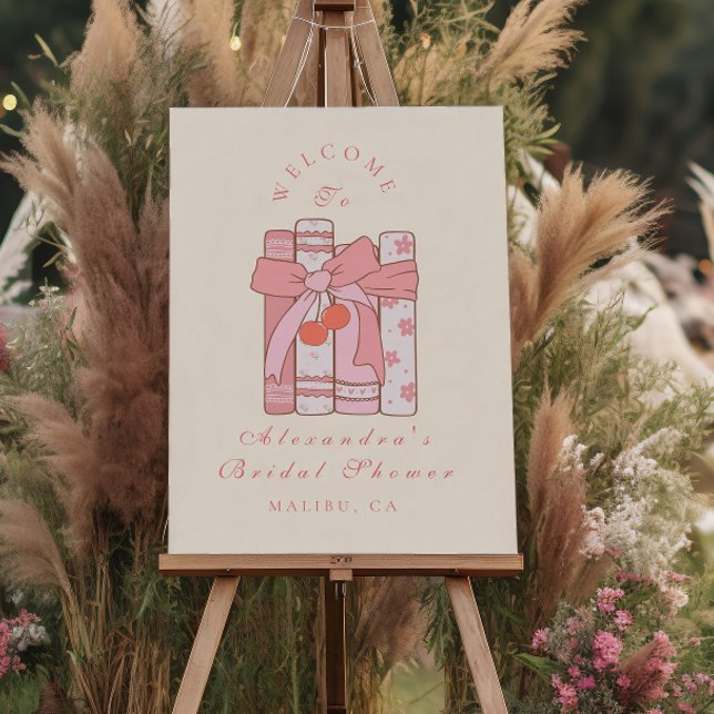A new chapter begins cherry bow pink bridal shower foam board (Creator Uploaded)