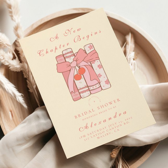 A new chapter begins cherry bow pink bridal shower invitation (Creator Uploaded)