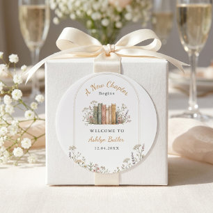 A New Chapter Begins Chic Book Gold Template Classic Round Sticker