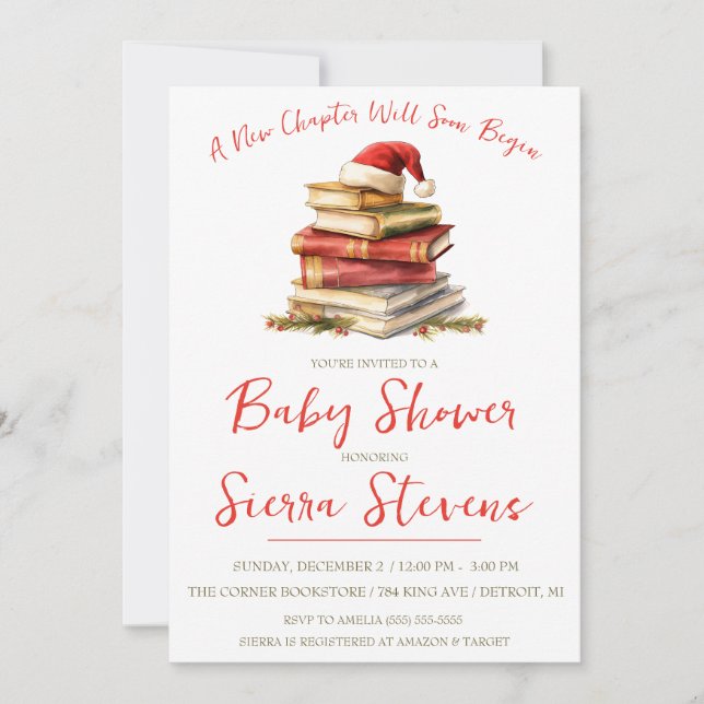A New Chapter Begins, Christmas Theme Baby Shower Invitation (Front)