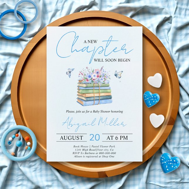 A New Chapter  Begins floral book boy baby shower Invitation (Creator Uploaded)