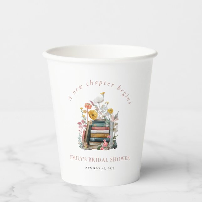 A New Chapter Begins Floral Books Bridal Shower Paper Cups (Front)