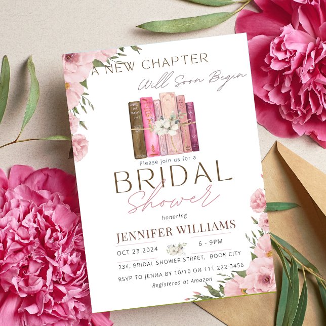 A New Chapter Begins Floral Pink Bridal Shower  Invitation (A New Chapter Begins Will Soon Begin Floral Pink Bridal Shower Invitation)