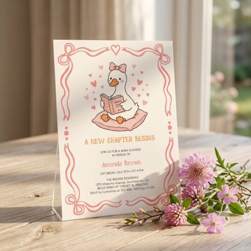 A New Chapter Begins Goose Pink Girl Baby Shower Invitation