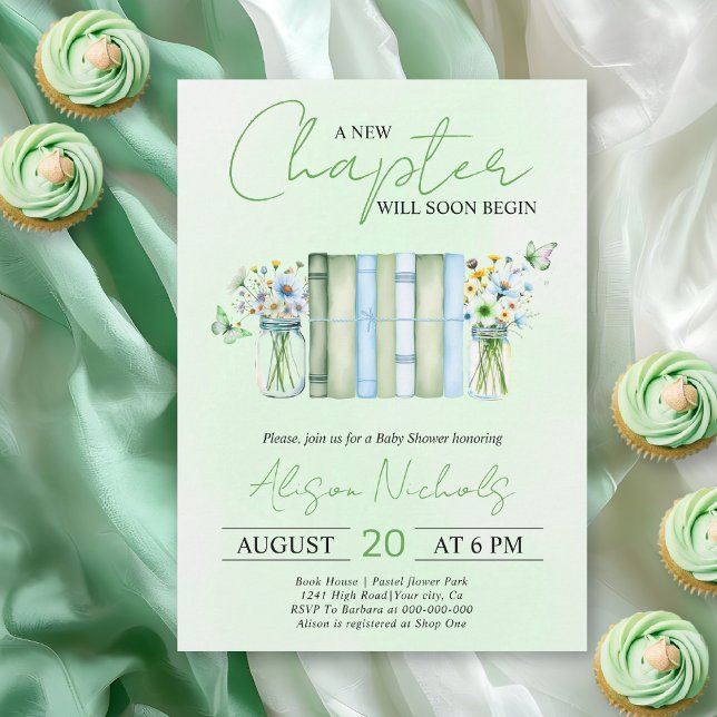 A New Chapter Begins neutral green baby shower Invitation (Creator Uploaded)
