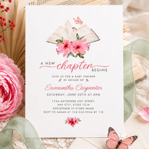 A new chapter begins open book floral baby shower  invitation