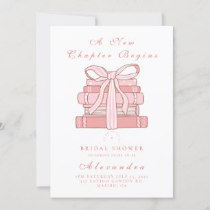 A new chapter begins pink books and bow invitation