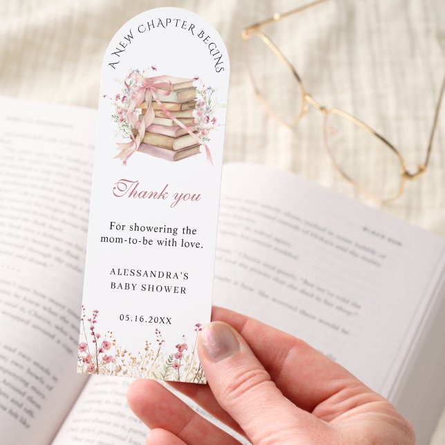 A New Chapter Begins Pink Bow Baby Shower Bookmark (Hand)