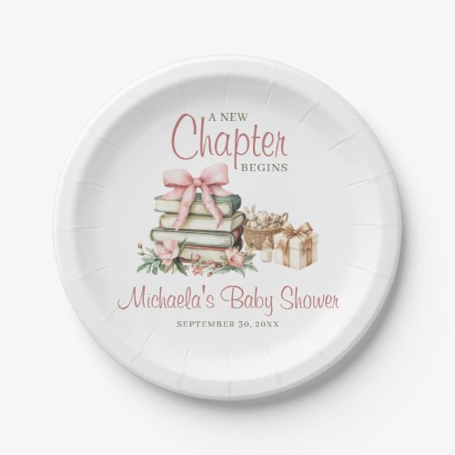 A New Chapter Begins Pink Bow Baby Shower Paper Plates