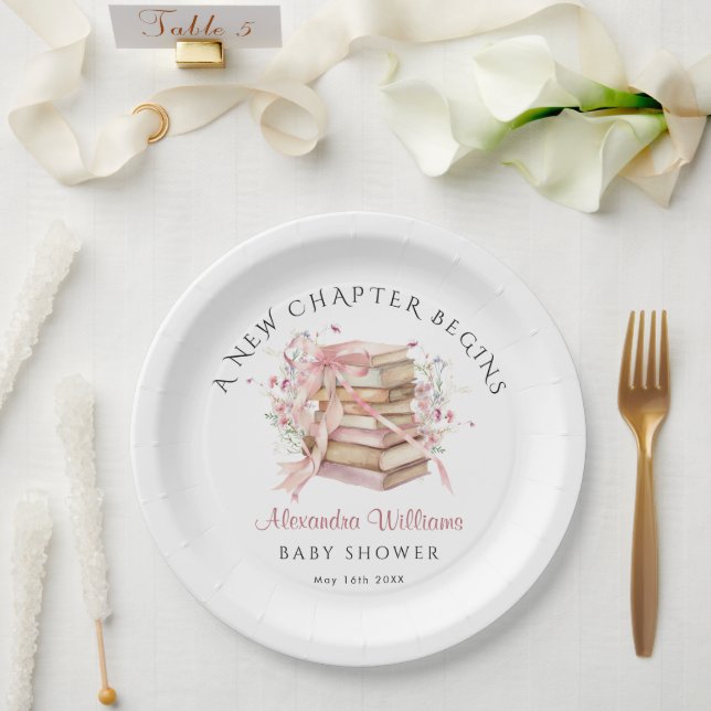 A New Chapter Begins Pink Bow Book Baby Shower Paper Plates (Wedding)