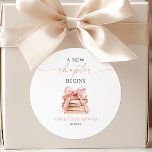 A New Chapter Begins Pink Bow Books Baby Shower Classic Round Sticker<br><div class="desc">These are A New Chapter Begins Storybook Pink Bow Books Baby Shower Party Favor Stickers!</div>