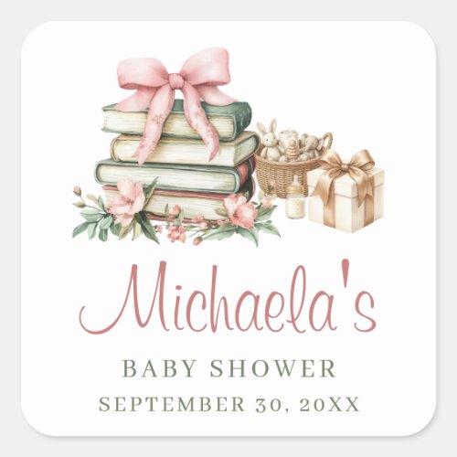 A New Chapter Begins Pink Bow Books Baby Shower Square Sticker