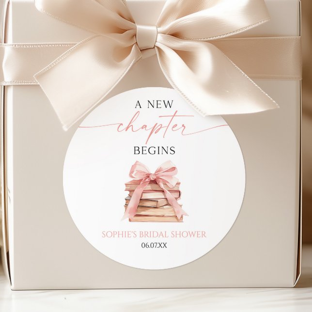 A New Chapter Begins Pink Bow Books Bridal Shower Classic Round Sticker (Creator Uploaded)