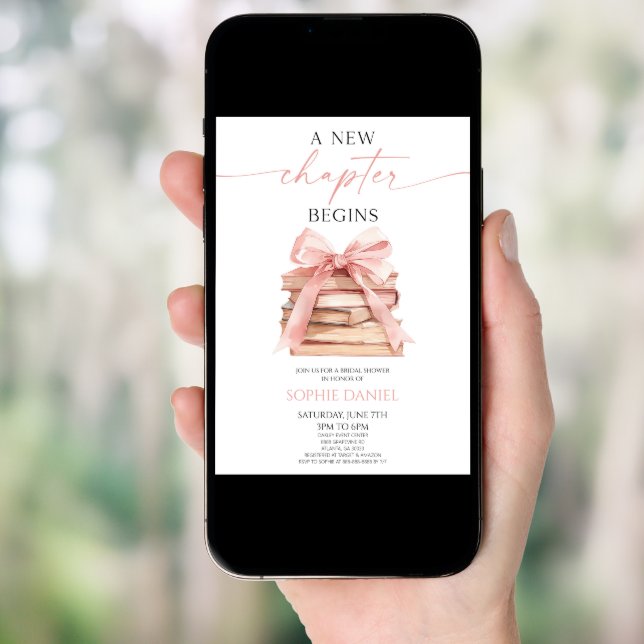 A New Chapter Begins Pink Bow Books Bridal Shower Invitation (Front Digital)