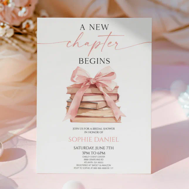 A New Chapter Begins Pink Bow Books Bridal Shower Invitation | Zazzle