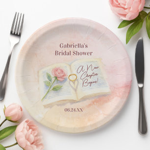 A New Chapter Begins Pink Rose Book Bridal Shower Paper Plates