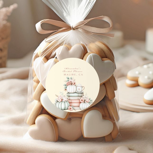 A new chapter begins pumpkin bridal shower classic round sticker (Creator Uploaded)