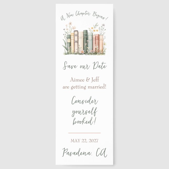 A New Chapter Begins! Wedding Save the Date Bookmarks (Front)