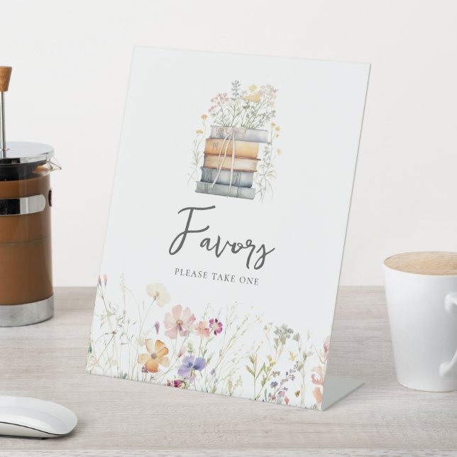 A New Chapter Begins Wildflower Book Favors  Pedestal Sign (In SItu)