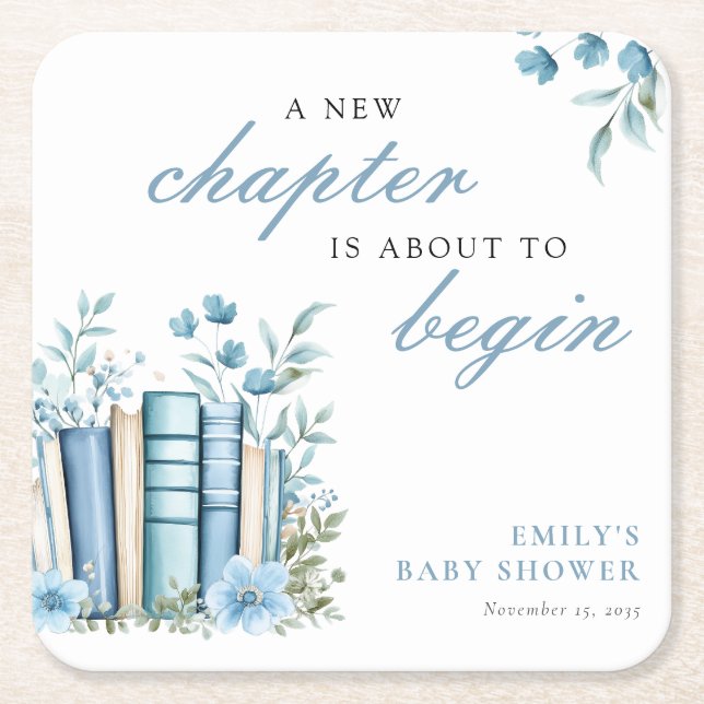 A New Chapter Blue Baby Shower Square Paper Coaster (Front)