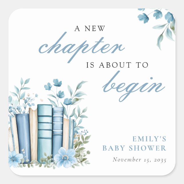 A New Chapter Blue Baby Shower Square Sticker (Front)