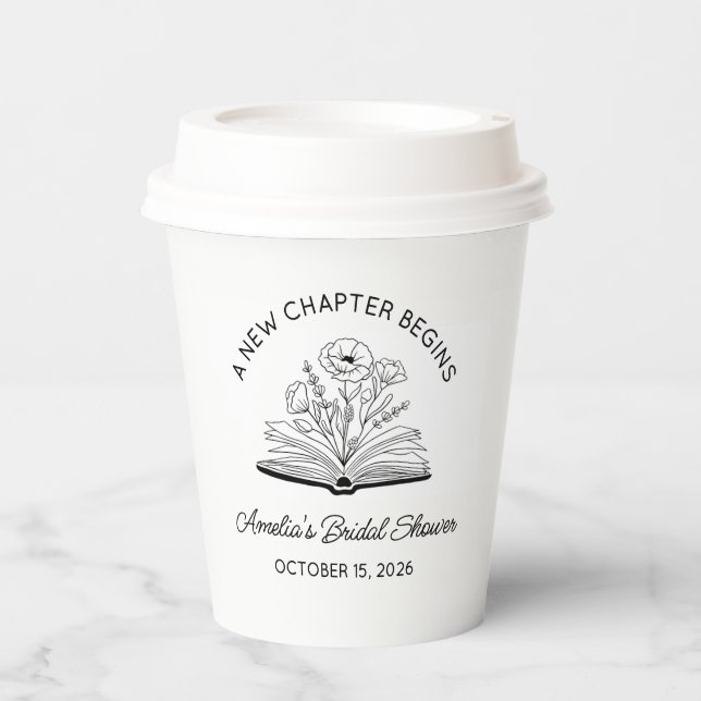 "A New Chapter" Bridal Shower Elegant Book Lover Paper Cups (Front)