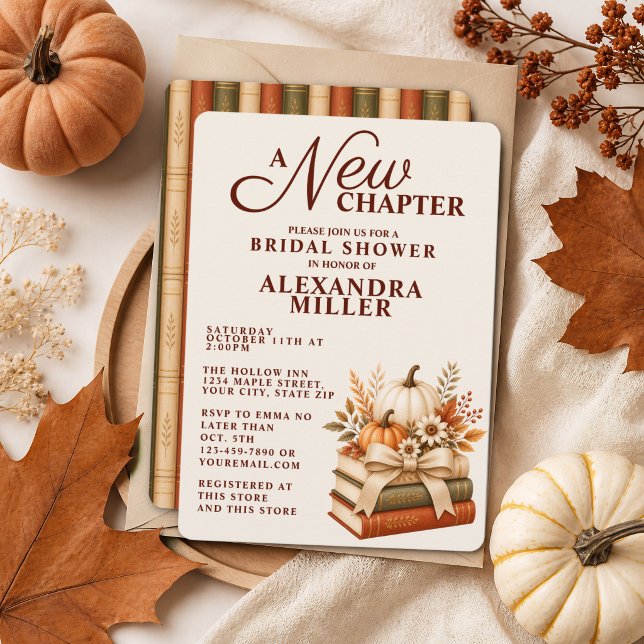 A New Chapter Fall Pumpkin Books Bridal Shower Invitation (Creator Uploaded)