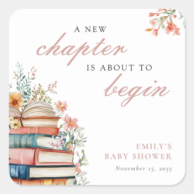 A New Chapter Floral Baby Shower Square Sticker (Front)