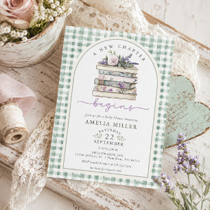 A New Chapter Floral Book Gingham Baby Shower Invitation