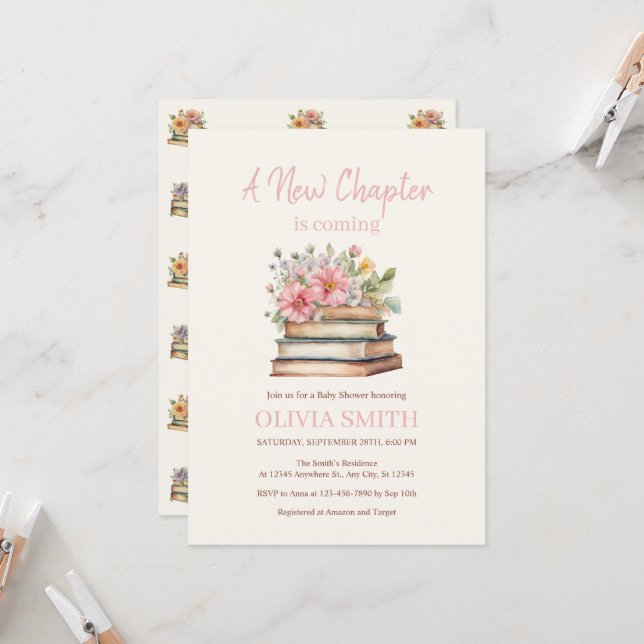A New Chapter is Coming, Books With Flowers Invitation (Front/Back In Situ)