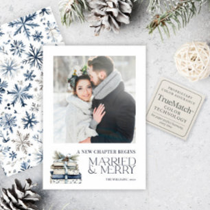 A New Chapter Married & Merry Blue Snowflake Photo Holiday Card