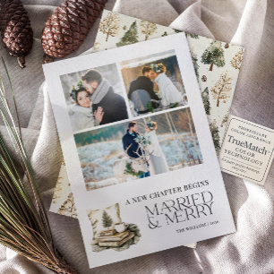 A New Chapter Married & Merry Cozy Neutral 3 Photo Holiday Card