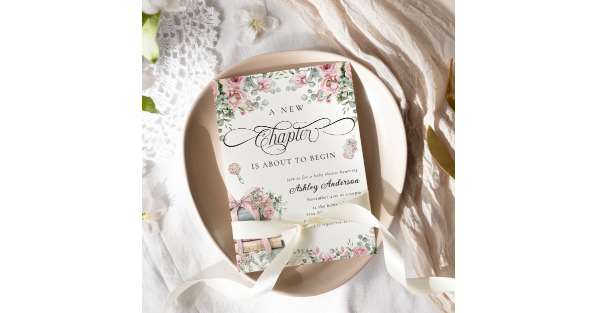 A New Chapter Pink Bow Floral Baby Shower Invitation | Zazzle