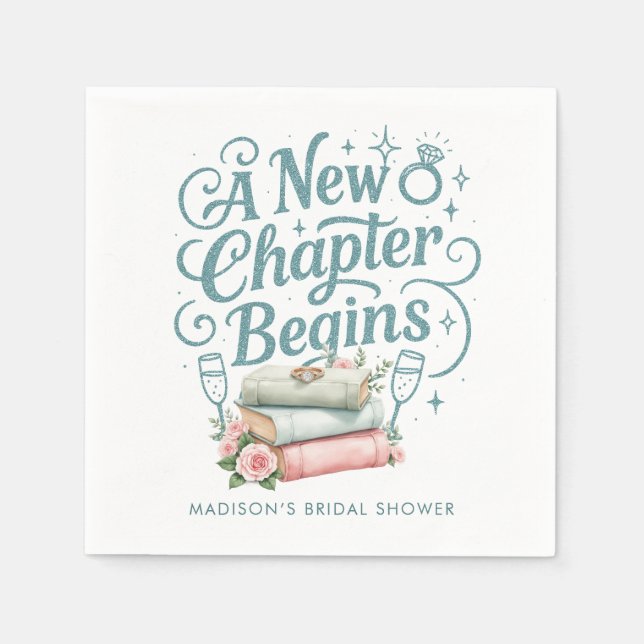 A New Chapter Quote Teal Glitter Bridal Shower Napkins (Front)