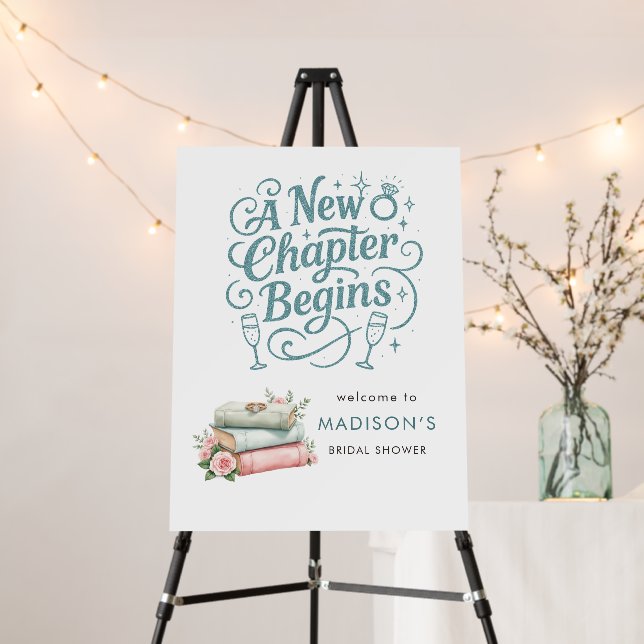 a New Chapter Teal Glitter Welcome bridal Shower Foam Board (In Situ (Stand))