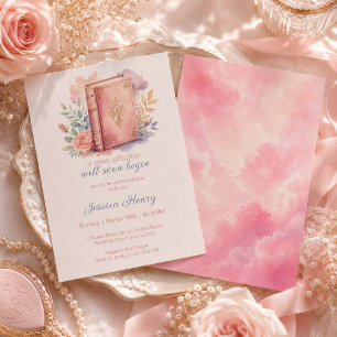 A New Chapter Watercolor Pink Book Bridal Shower Invitation