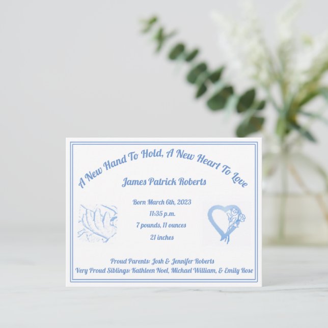 A New Hand To Hold Birth Announcement - Baby Boy (Standing Front)