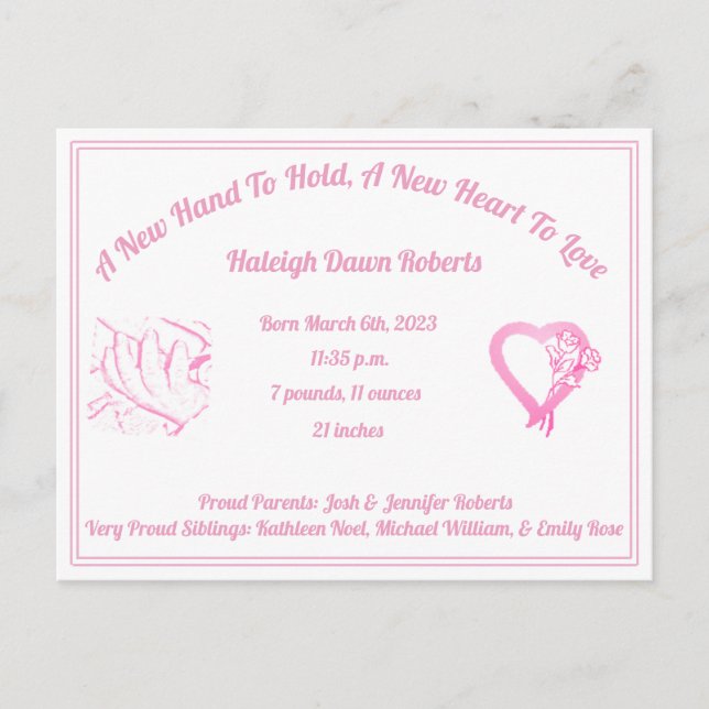 A New Hand To Hold Birth Announcement - Baby Girl (Front)